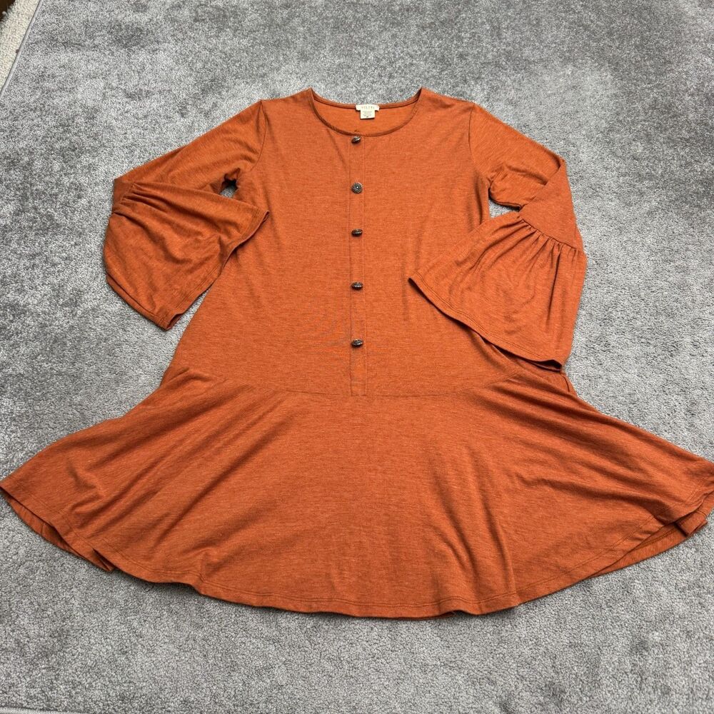 Yelete Stretch Knit Bell Sleeve Drop Waist Tunic Mini Dress Womens M Rust Orange